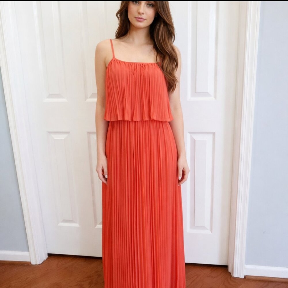 Coral Pleated Maxi Dress Flowy Resort Wedding Guest Dress Size M
